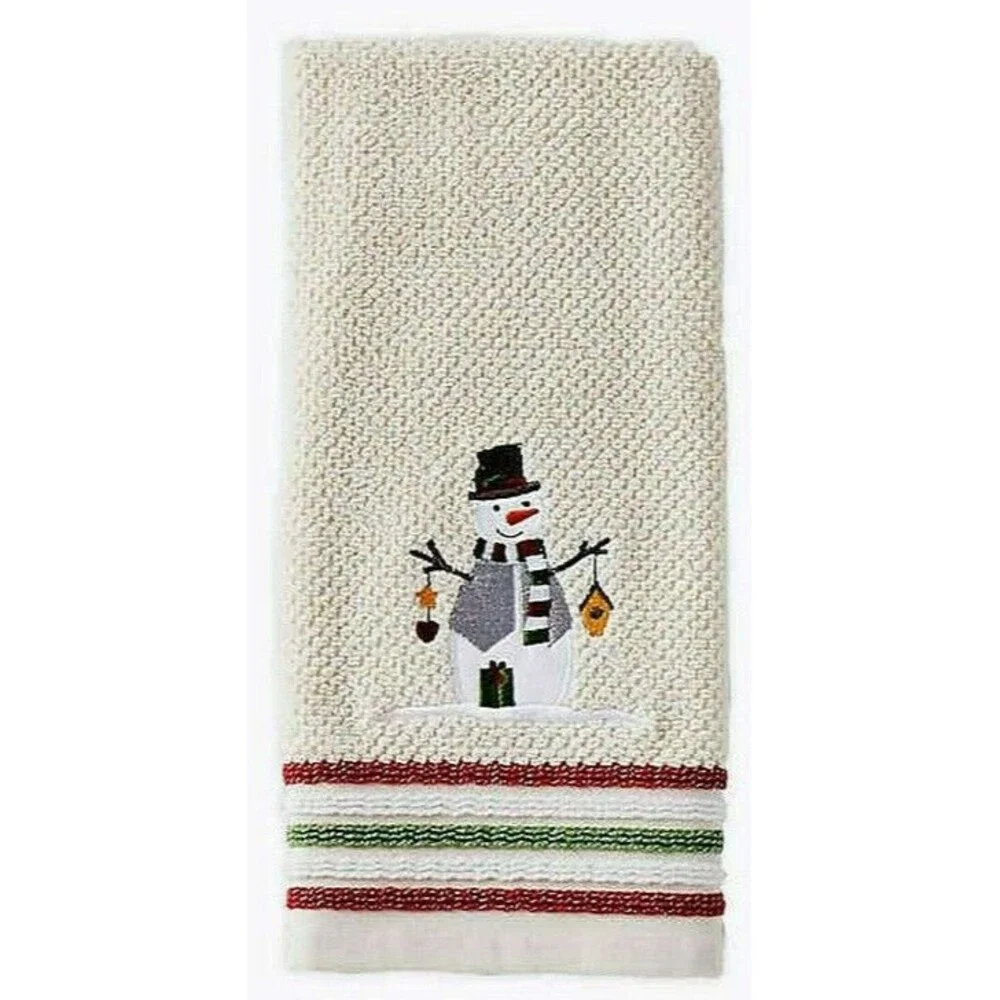 Christmas Snowman Hand Towels Winter Beige Tan Embroidered Holiday Set of 2